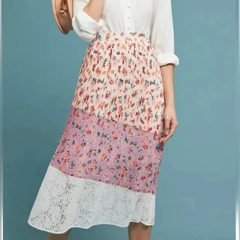 Anthropologie LAIA Pleated Floral Pink and White Midi Skirt Size XL - Picture 1 of 10